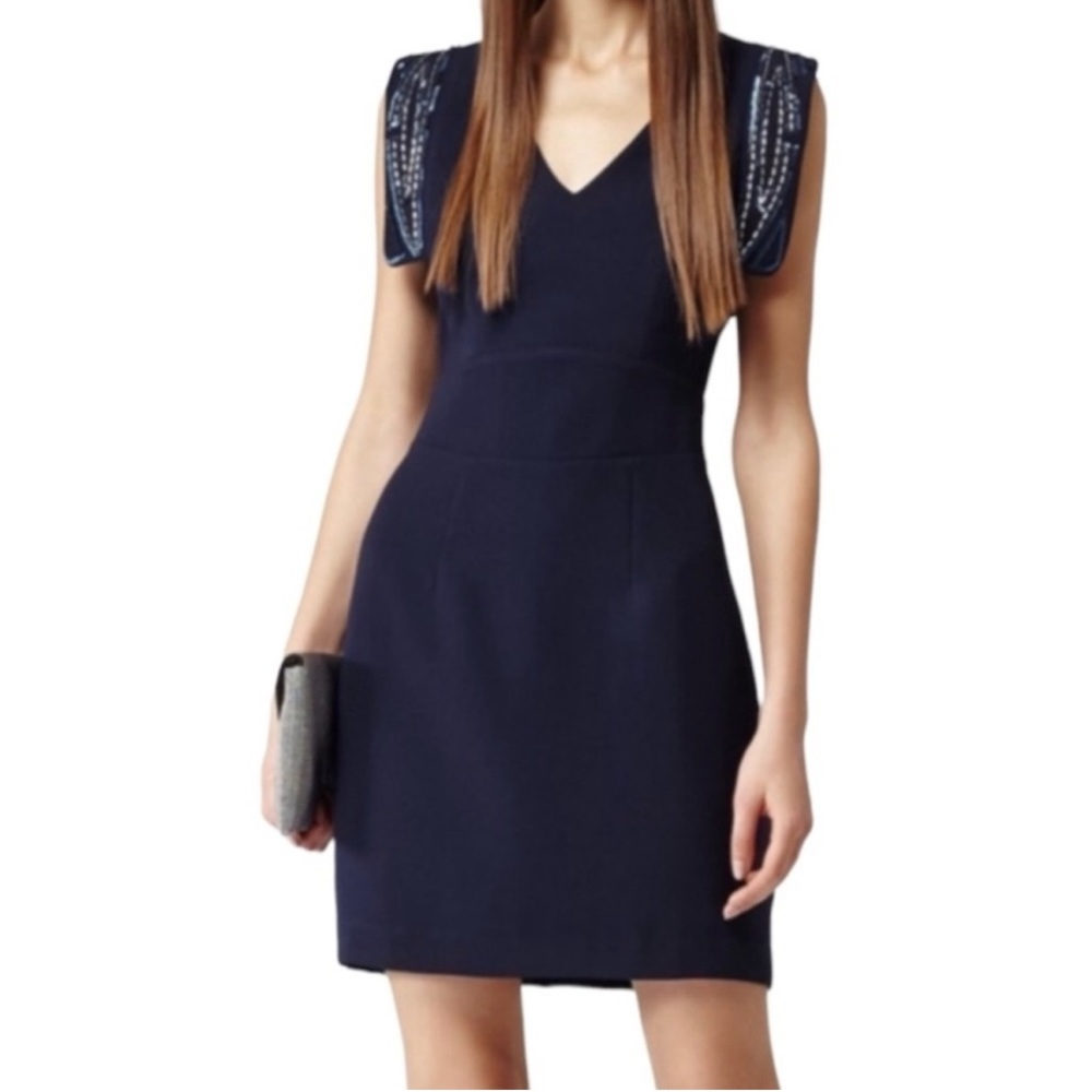 Reiss Navy Mini Dress with Embellished Shoulders